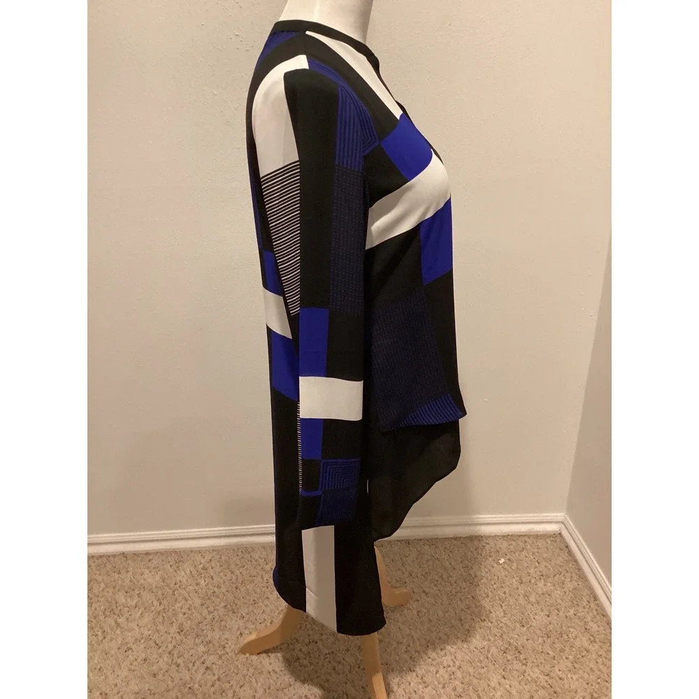 Chico's Geometric Colorblock Tunic Blouse‎ Blue Black White High Low Size 0 S